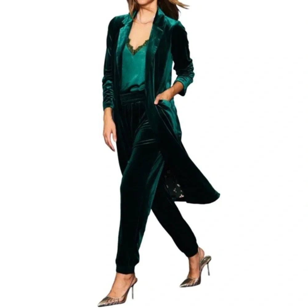 Skies Are Blue Emerald Green Open Front Velvet Long Duster Cardigan Jacket Sz M